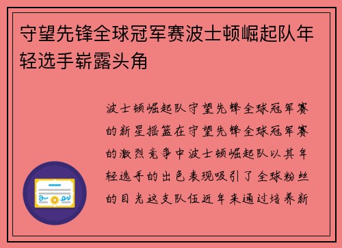 守望先锋全球冠军赛波士顿崛起队年轻选手崭露头角