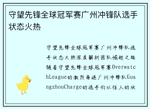 守望先锋全球冠军赛广州冲锋队选手状态火热